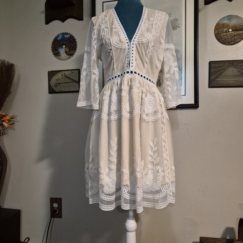 Southern Fried Chics NWT White Lace Boho Mini Dress